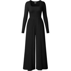 OQQ Black Ribbed Long Sleeve Square Neck Wide Leg Jumpsuit Pant Small Whimsigoth